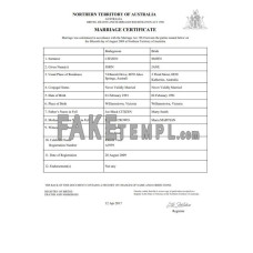 Australia Northern Territory of Australia fake marriage certificate Word and PDF template