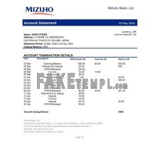 Japan Mizuho fake bank statement Word and PDF template