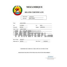 Mozambique vital record fake death certificate Word and PDF template