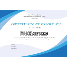 USA fake Plumbing Experience certificate template in Word and PDF format