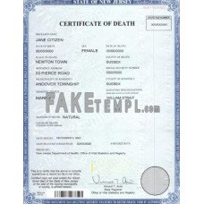 USA state New Jersey fake death certificate photoshop template PSD 