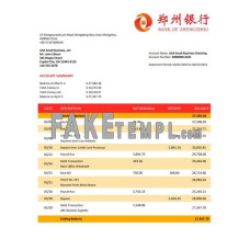 Bank of Zhengzhou fake business bank statement  Word and PDF template