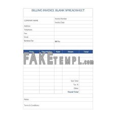 Billing fake Invoice Blank Spreadsheet Word and PDF template